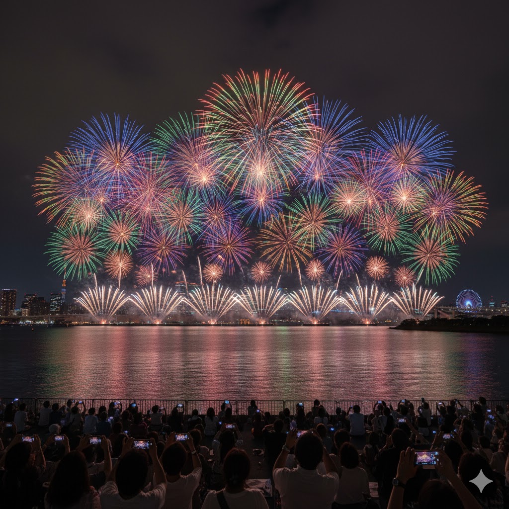 Hanabi fireworks over Tokyo Bay lighting up summer night sky