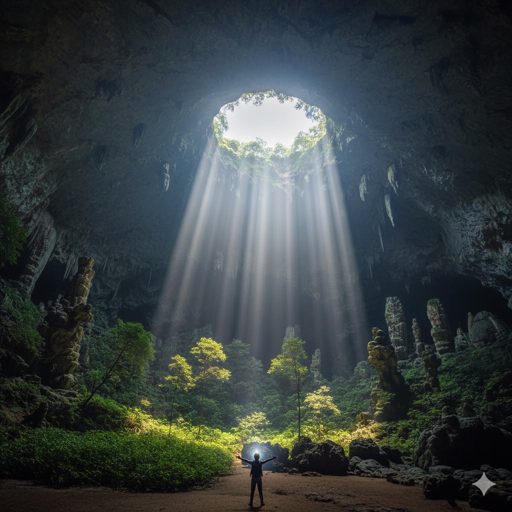 Hang Sơn Đoòng cave interior glowing with sunlight through massive skylight, Vietnam. Hang Sơn Đoòng cave interior glowing with sunlight through massive skylight, Vietnam.