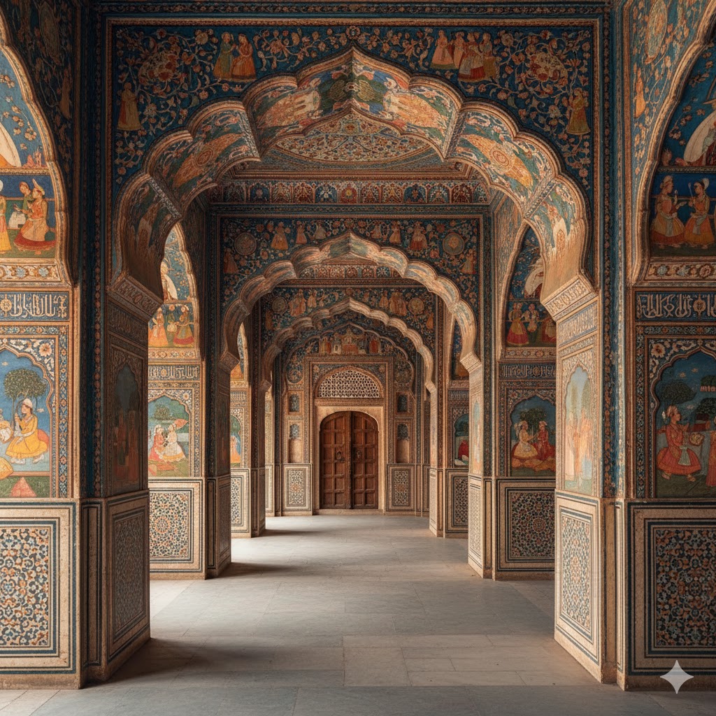 Haveli Naunehal Singh interior with Mughal arches and wall paintings