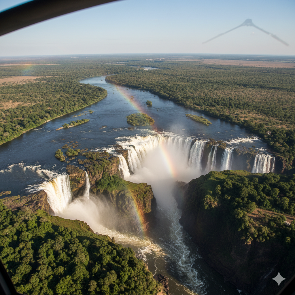 Helicopter view of the Zambezi River and Victoria Falls 
