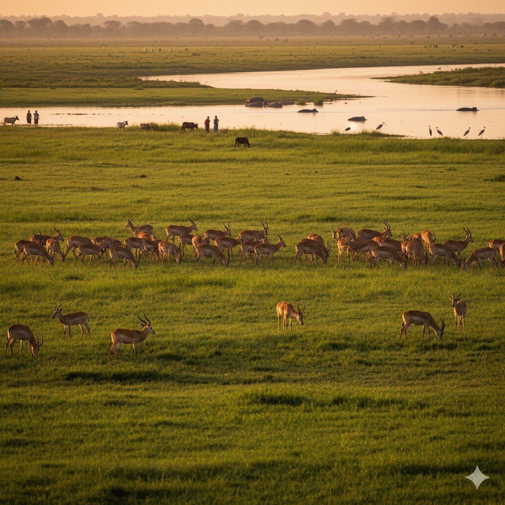 Herd of antelope grazing in green floodplain near Nile River, South Sudan