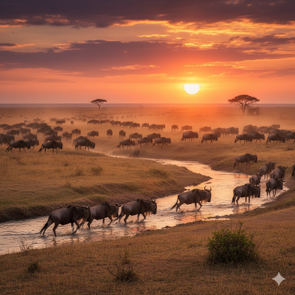 Herds of wildebeest crossing the Serengeti plains at sunset, Tanzania