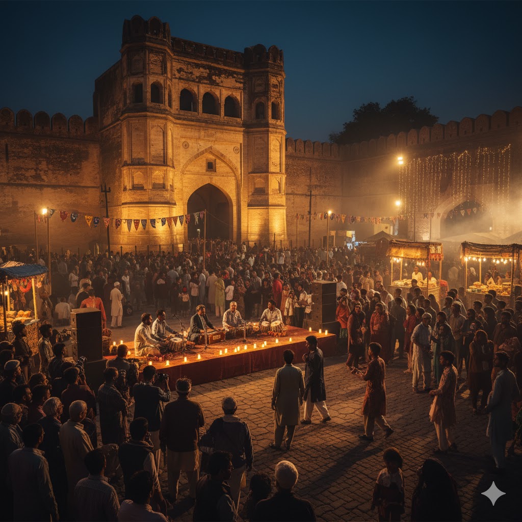 Heritage festival crowd near Delhi Gate with musical performance
