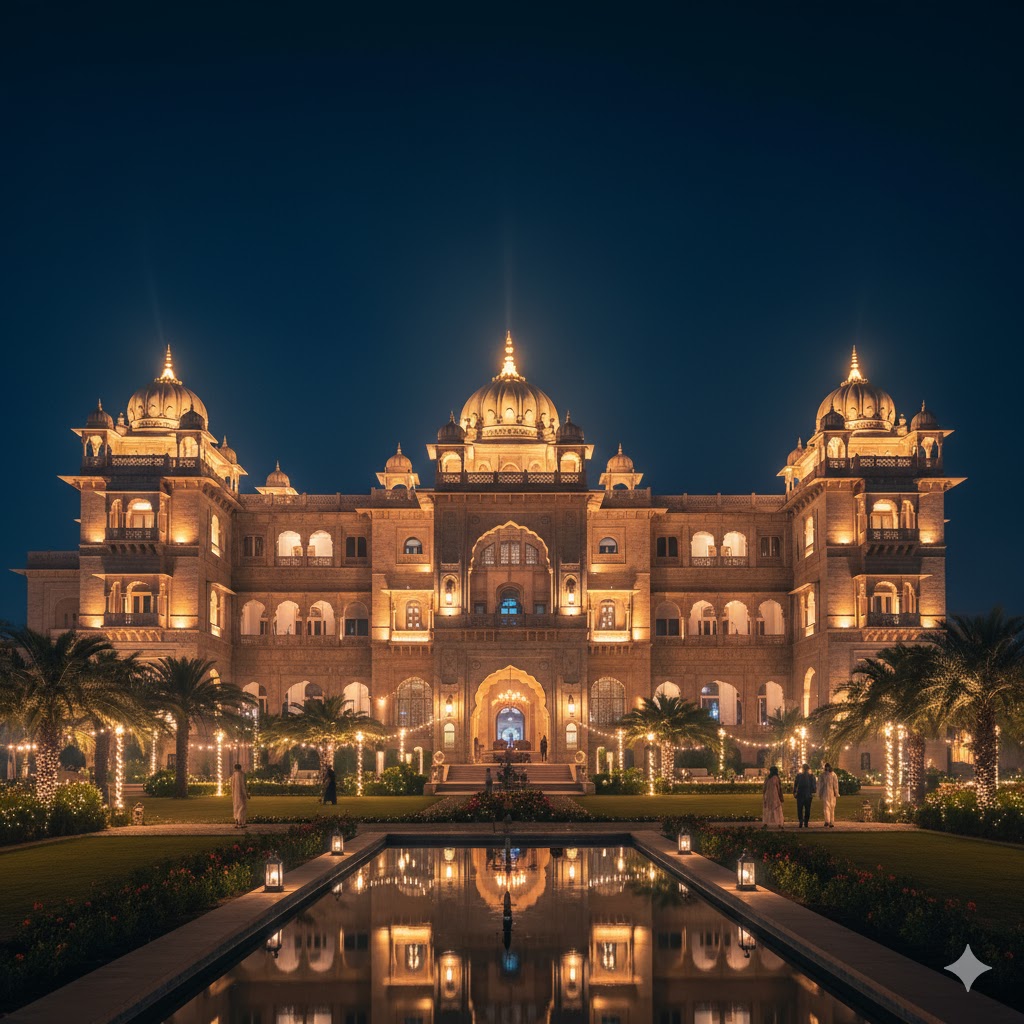 Heritage-style hotel in Bahawalpur illuminated at night, blending royal and cultural aesthetics.