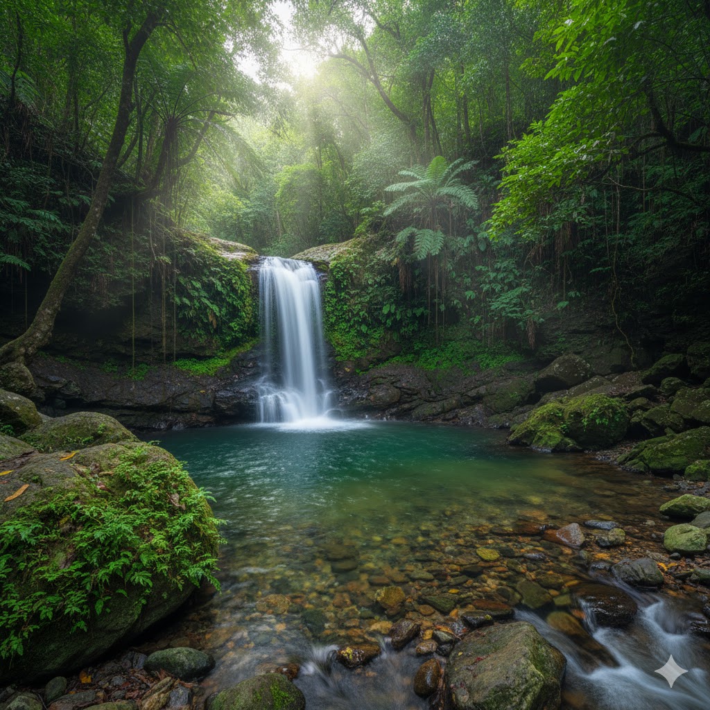 Hidden Shumber Waterfall cascading into a rock pool surrounded by dense forest.