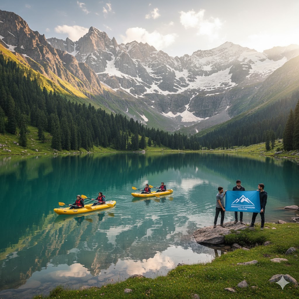 Hidden backwater lake in Lulusar Valley with students exploring Northern Pakistan