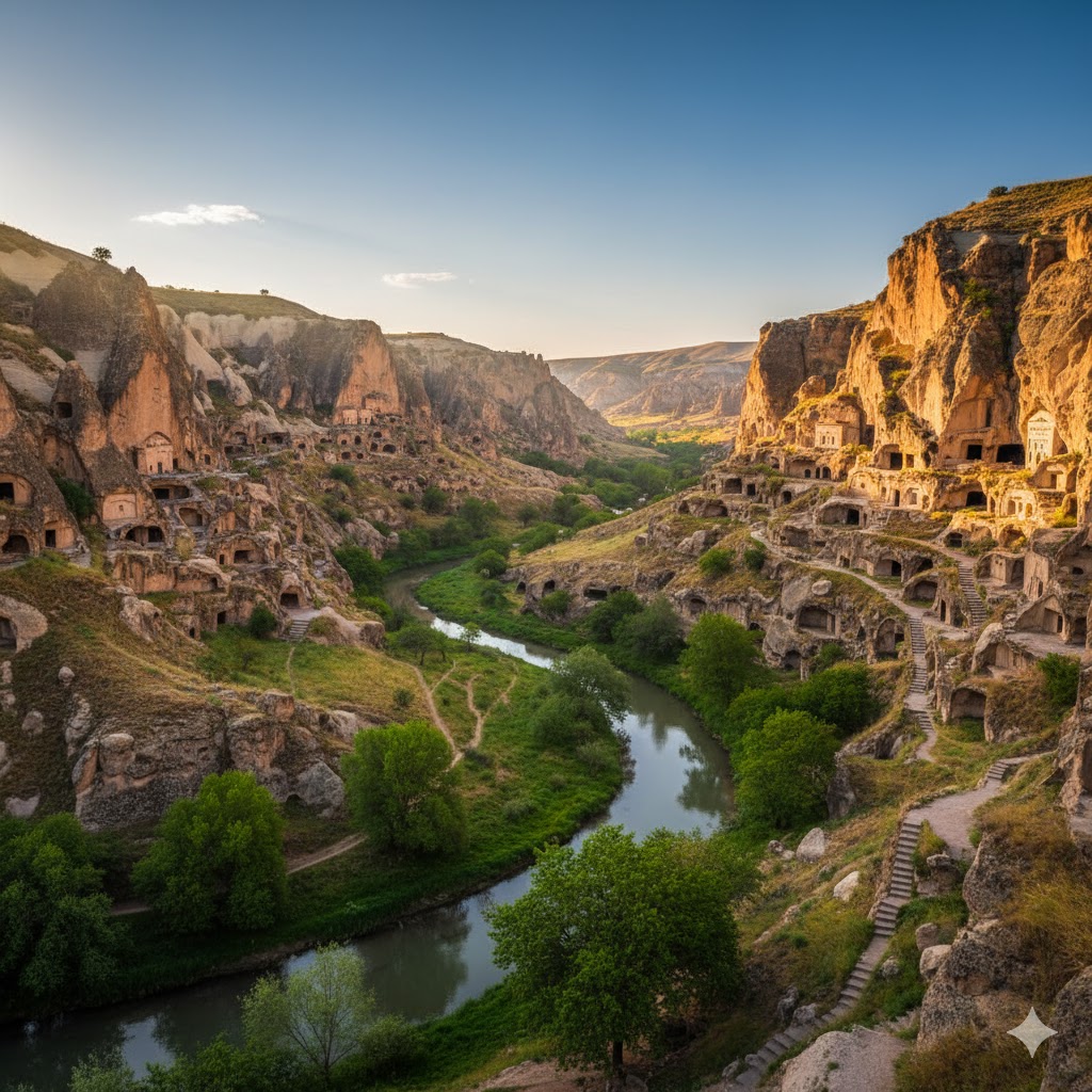 Hidden cave dwellings and churches carved into Ihlara Valley, Cappadocia.