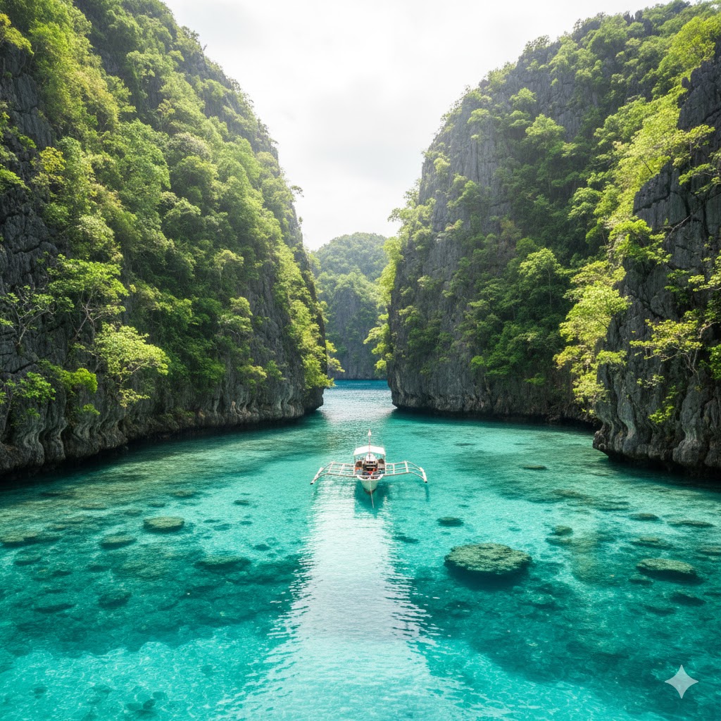  Hidden turquoise lagoon surrounded by limestone cliffs in El Nido, Palawan.