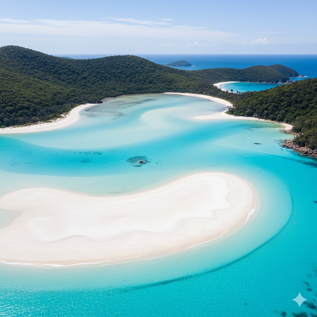 Hidden white-sand beach and turquoise lagoon in Whitsunday Islands, Australia. 