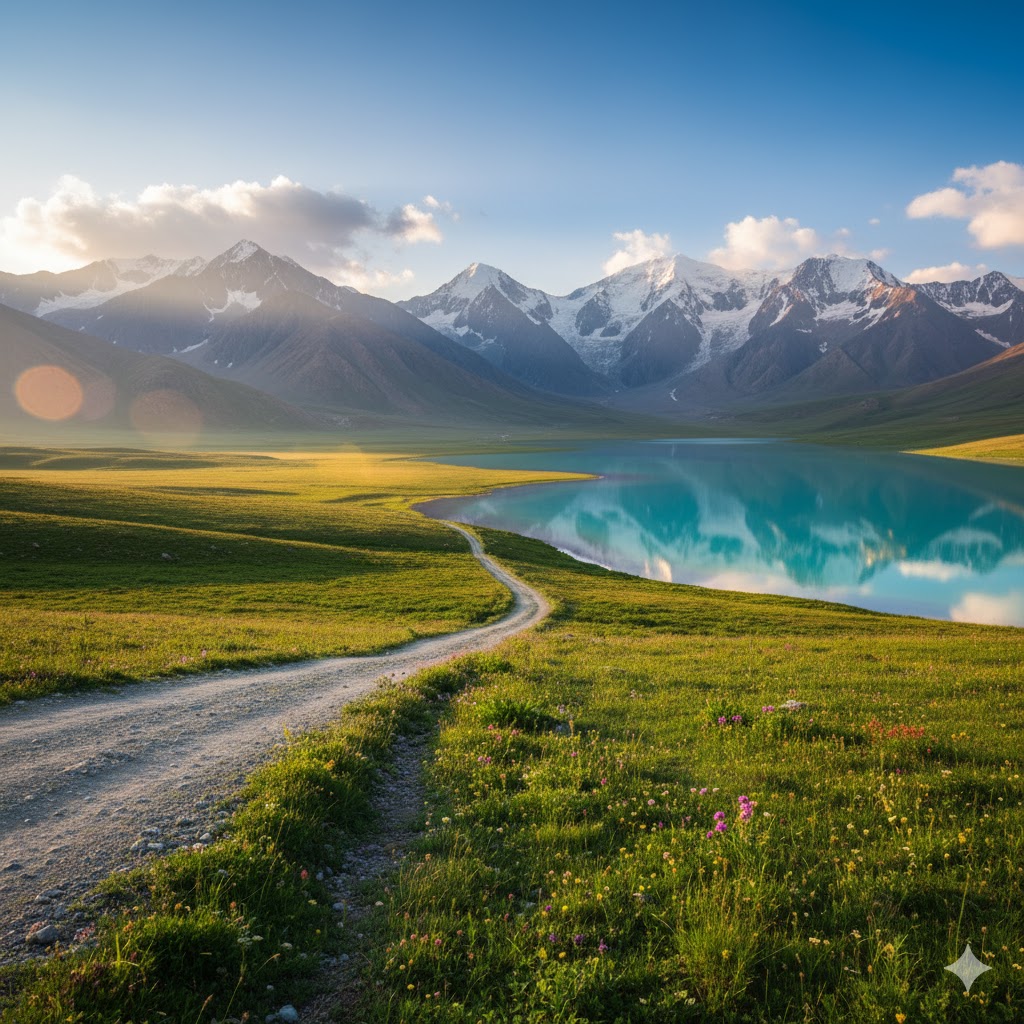 High-altitude road leading to Sheosar Lake in Deosai Plains, with turquoise water and surrounding mountains. High-altitude road leading to Sheosar Lake in Deosai Plains, with turquoise water and surrounding mountains.