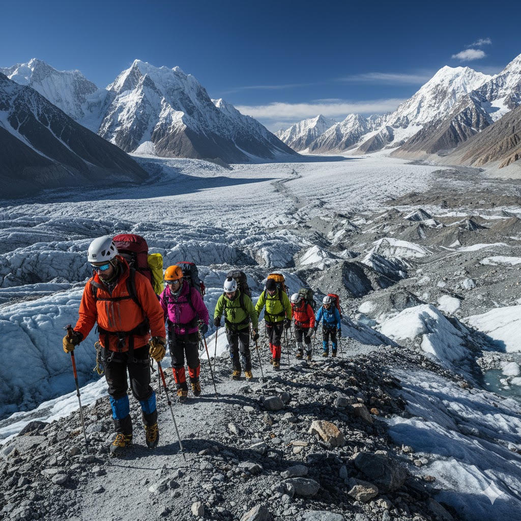 High-altitude trail crossing Hispar Glacier with trekkers in foreground.