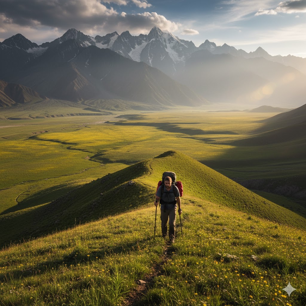 Hiker ascending grassy ridge with panoramic view of valleys beyond Deosai plains. Hiker ascending grassy ridge with panoramic view of valleys beyond Deosai plains.