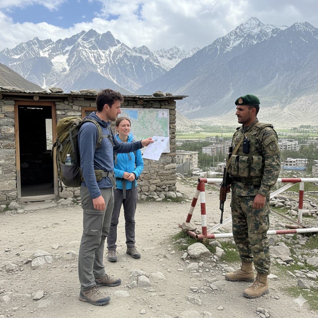Hiker showing trekking permit to Pakistan army officer at mountain checkpoint.