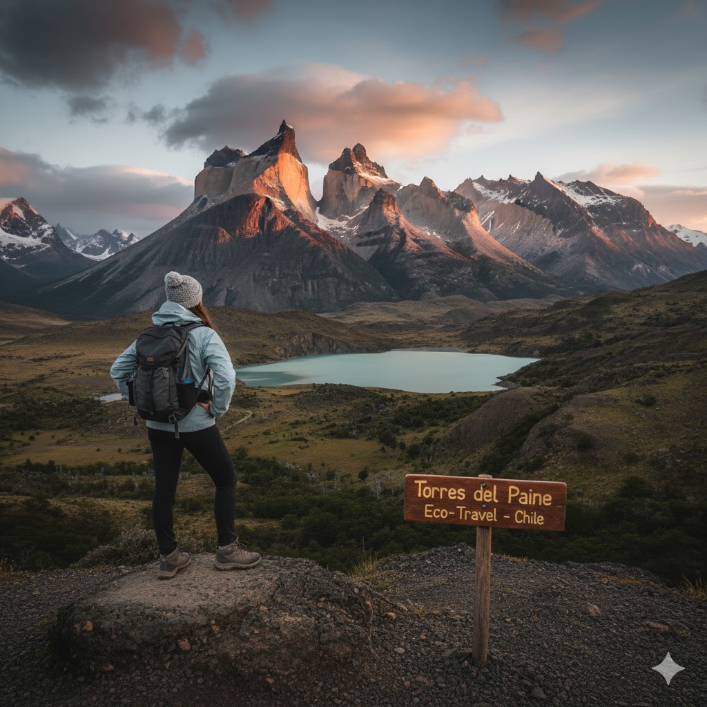 Hiker standing before Torres del Paine mountains Chile 2026 eco travel