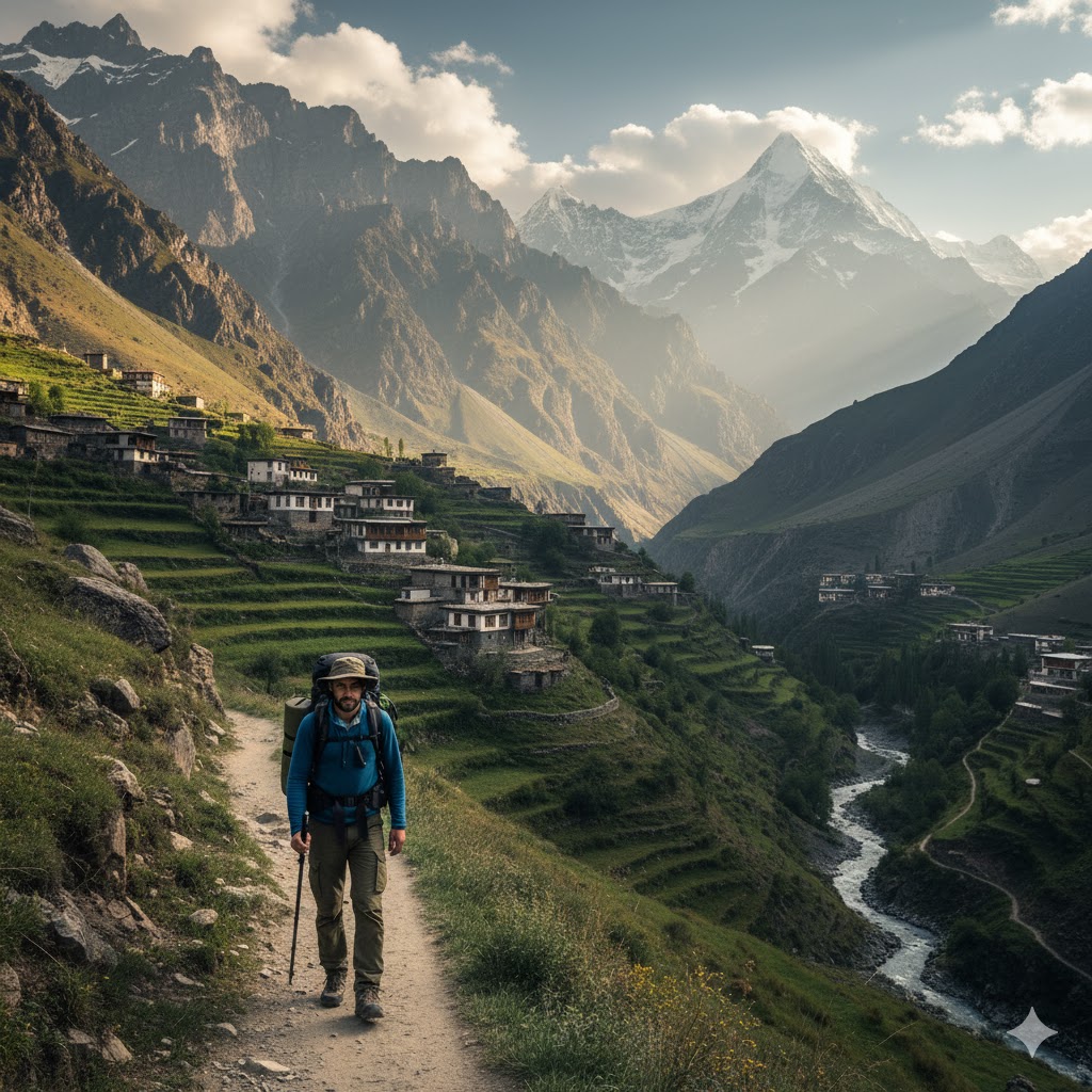 Hiker walking along a mountain trail in Kalash Valley with traditional villages in the background.