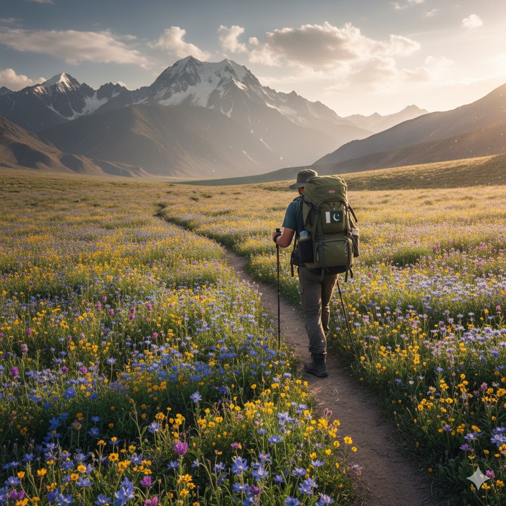 Hiker walking through wildflower-lined trail near Churmang Valley, Deosai National Park. Hiker walking through wildflower-lined trail near Churmang Valley, Deosai National Park.