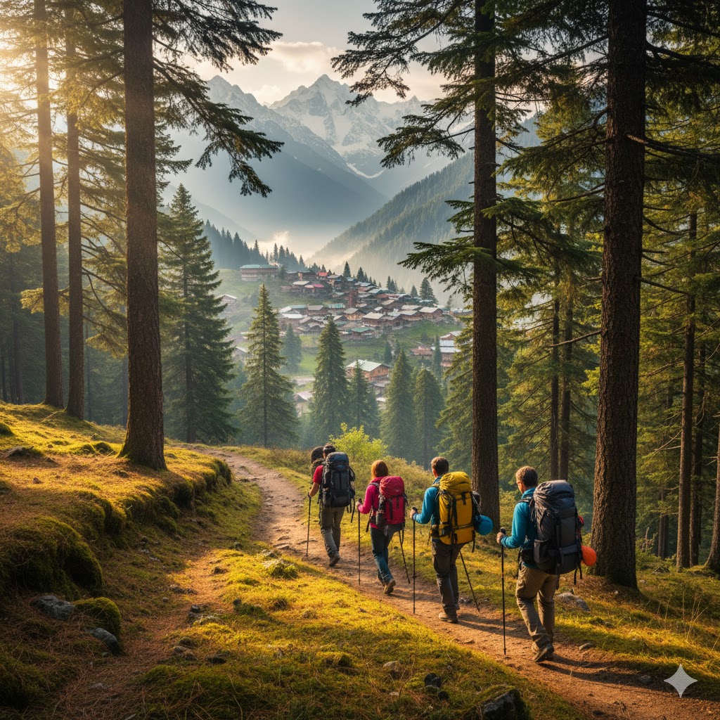 Hikers walking through pine forest trail toward Arrang Kel village.