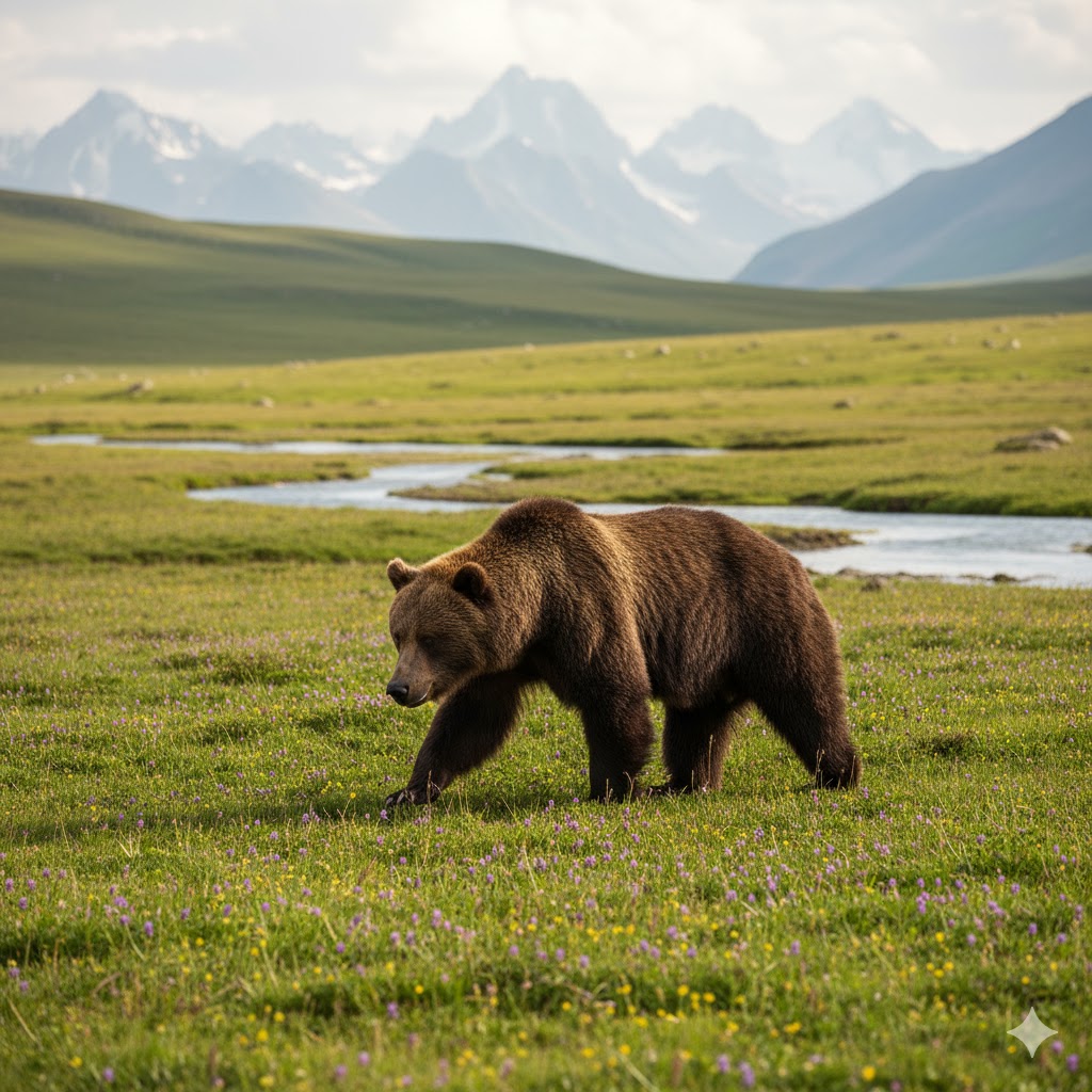 Himalayan brown bear walking through green Deosai meadows during daylight. Himalayan brown bear walking through green Deosai meadows during daylight.
