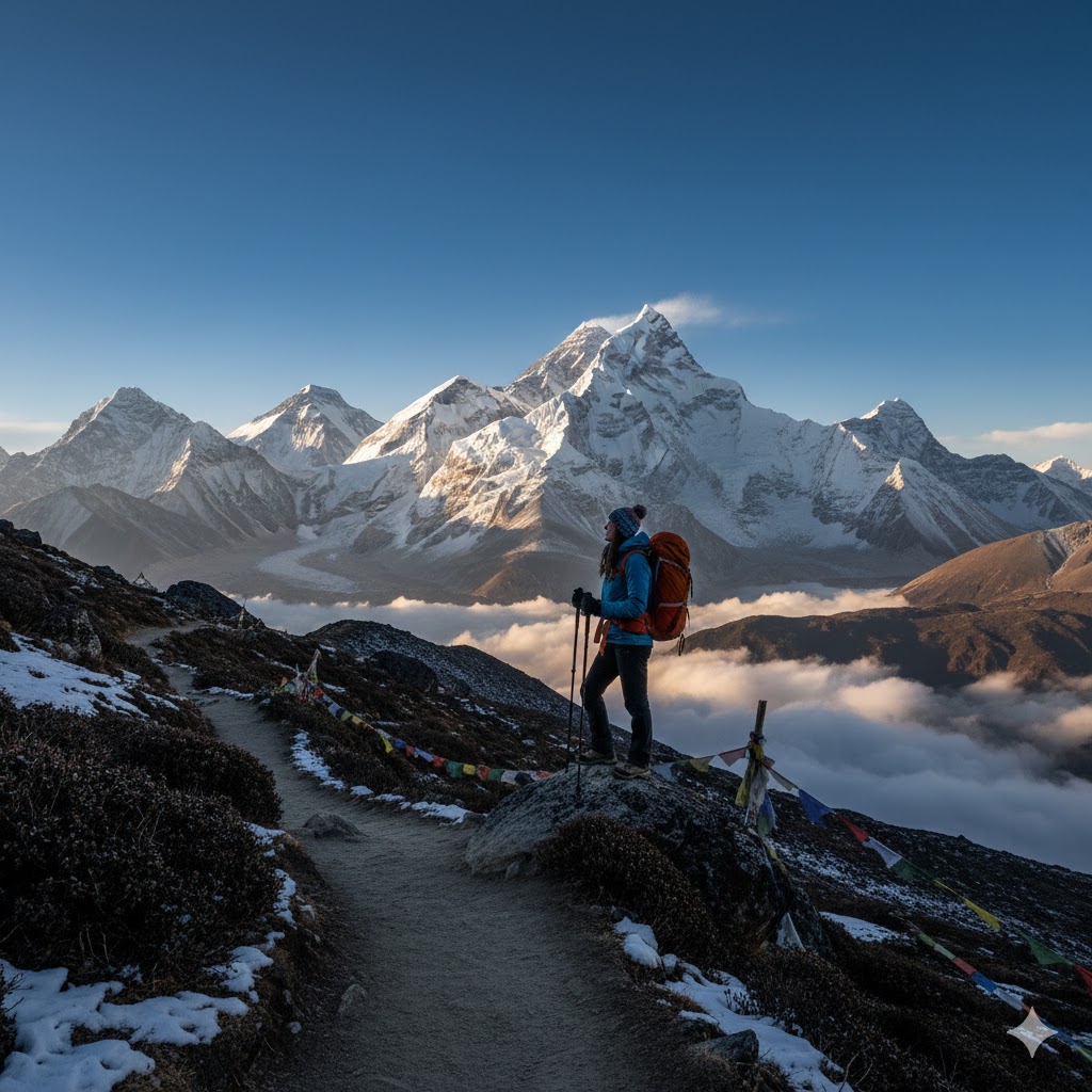 Himalayan trekker taking in the breathtaking snow-capped peaks in Nepal.