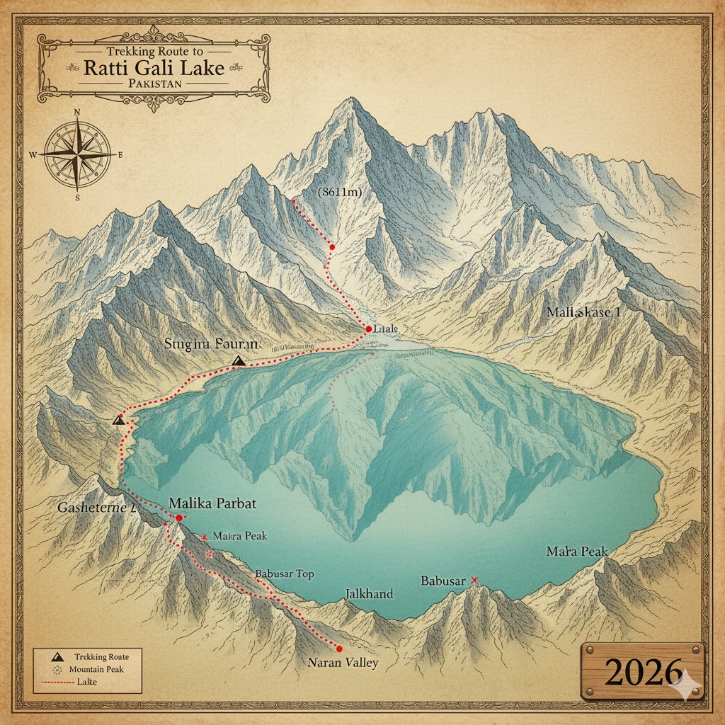 Himalayan trekking route near Naran Valley showing Ratti Gali Lake surrounded by snow peaks 2026