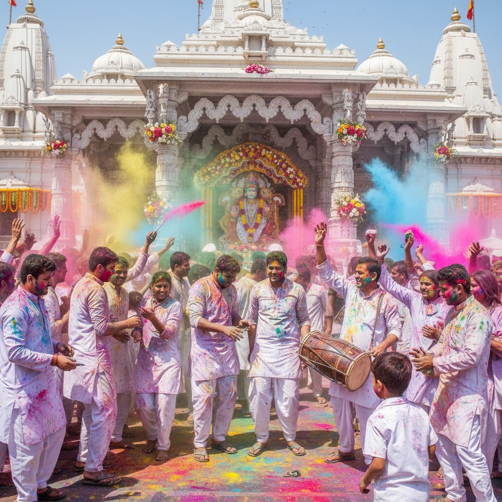 Hindu devotees celebrating Holi with colors at Swami Narayan Mandir Karachi