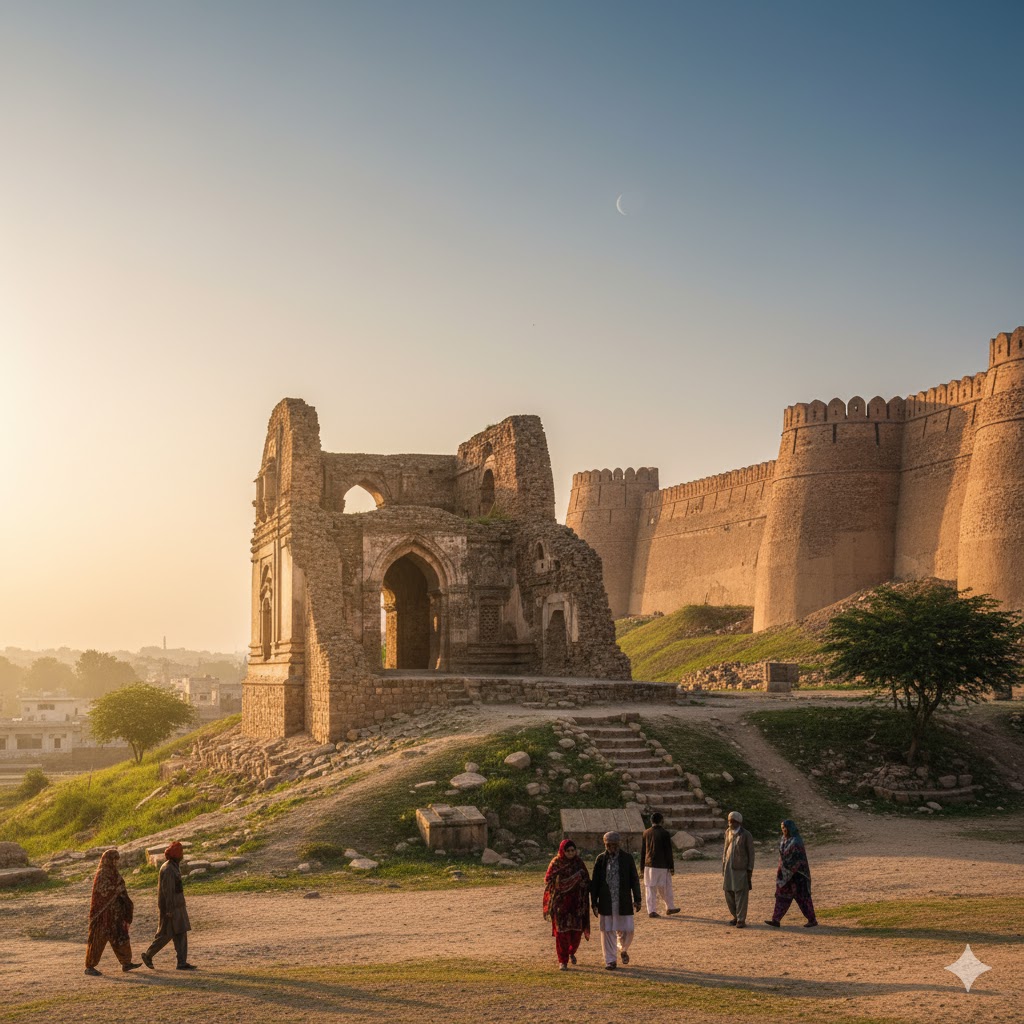 Historic Prahladpuri Temple ruins bathed in soft sunlight near Multan Fort.