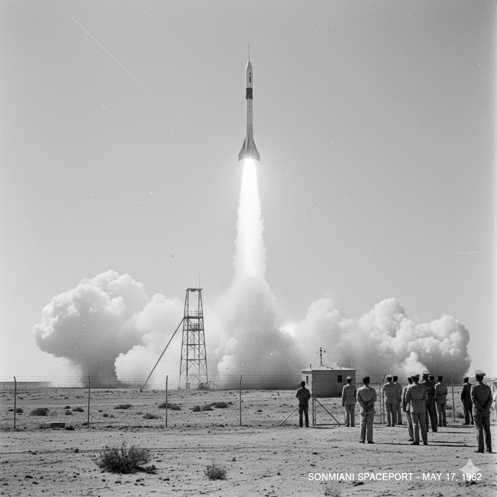 Historic black-and-white photo of early rocket launch at Sonmiani Spaceport. 