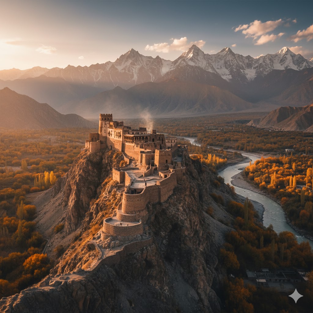 Historical Altit Fort in Hunza under evening light, representing ancient architecture and Burusho heritage.