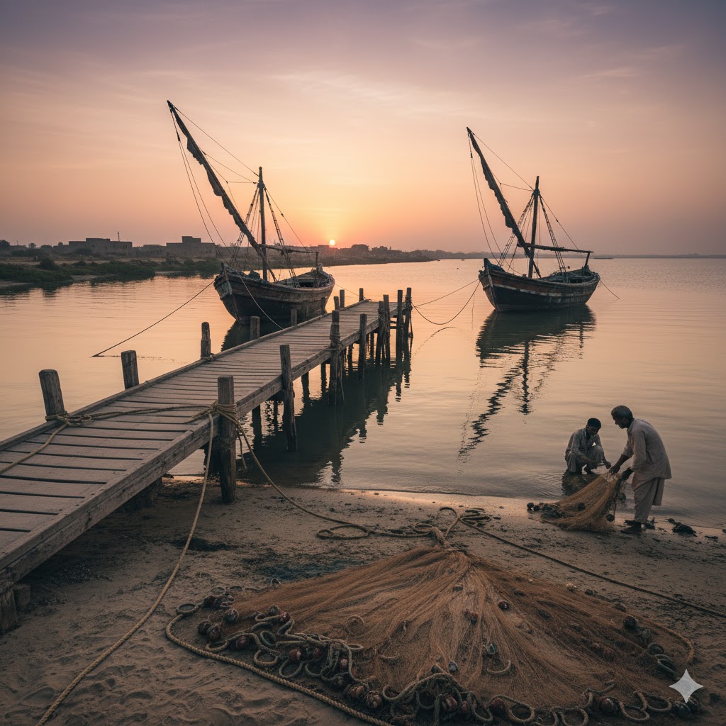 Historical fishing boats anchored at Sonmiani Bay near the old port area. 
