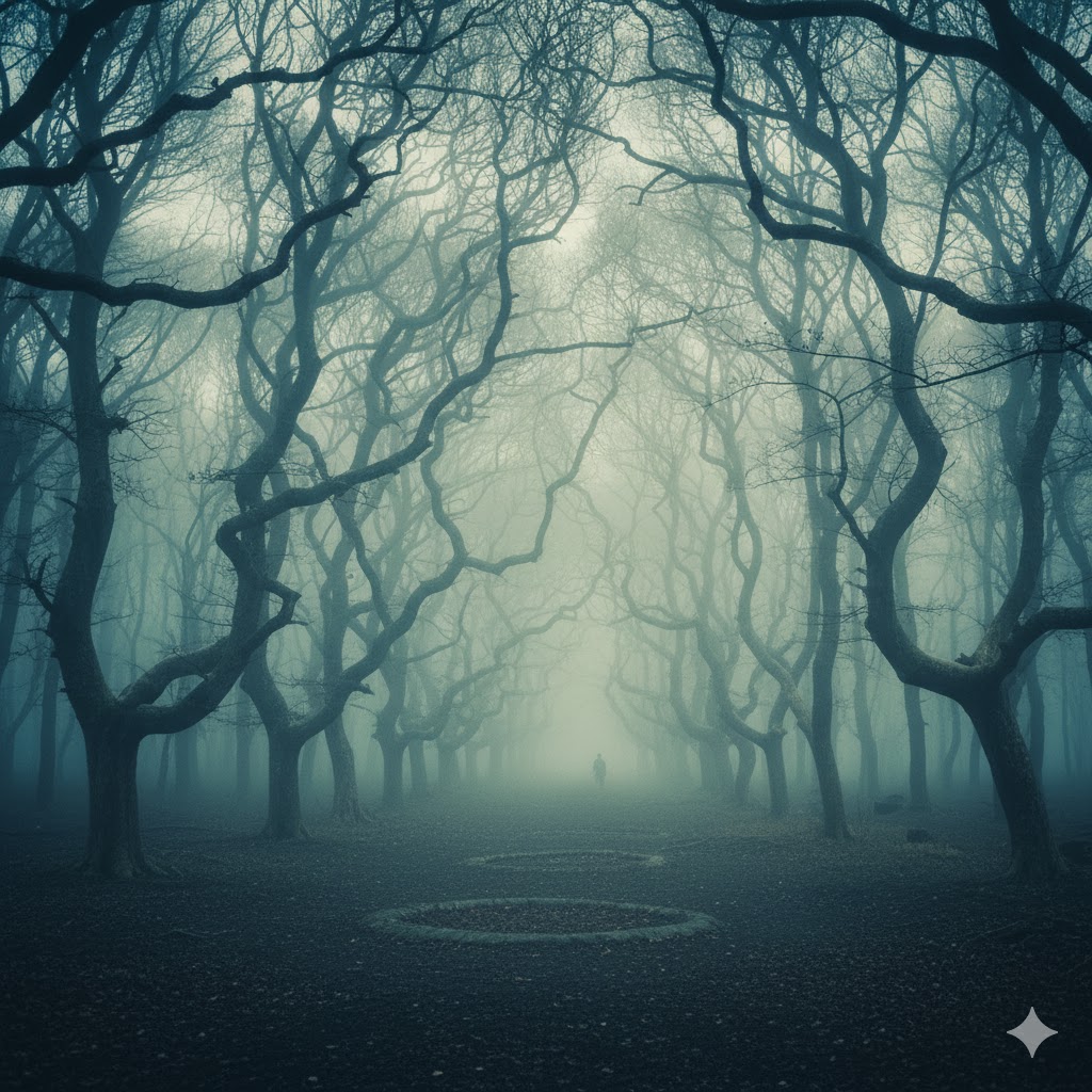 Hoia Baciu Forest Romania glowing mist and twisted trees under eerie fog