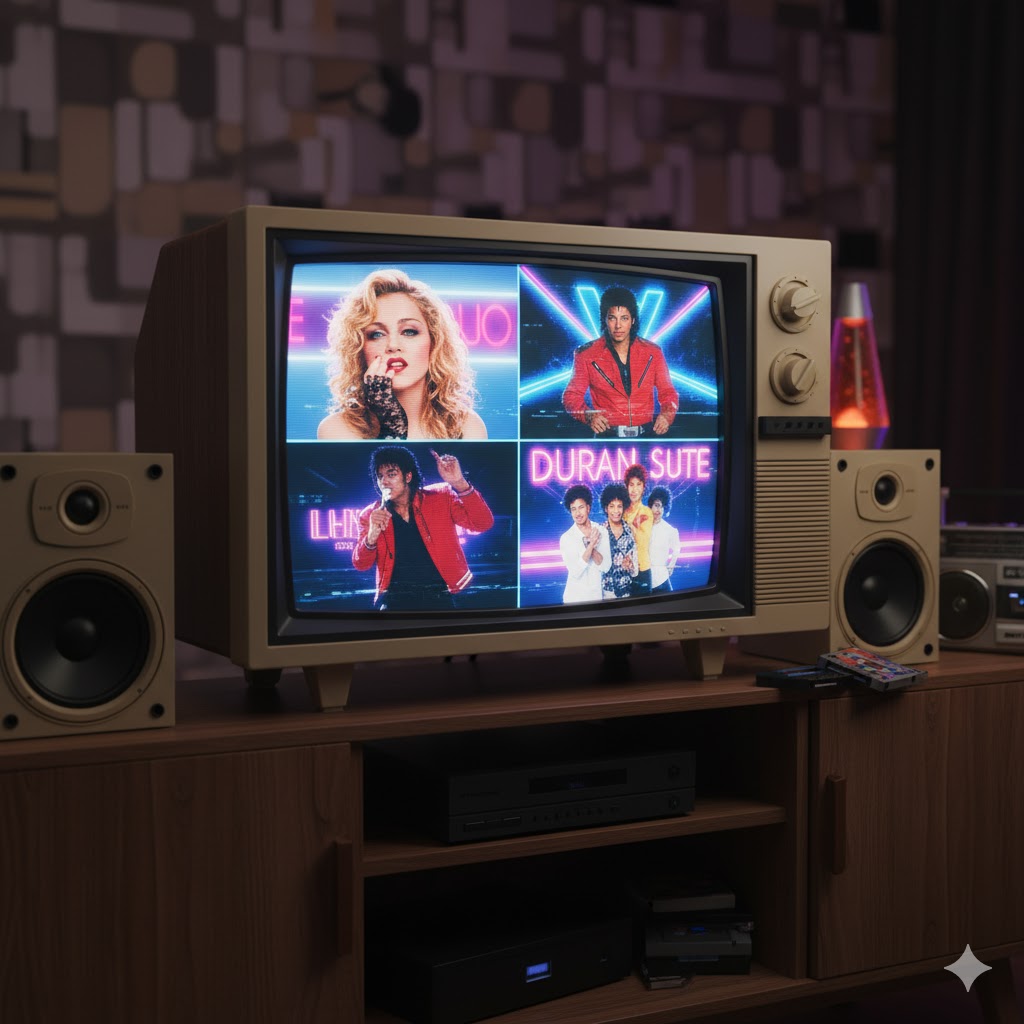 Home setup with retro TV aesthetic streaming 80s music videos on modern monitor