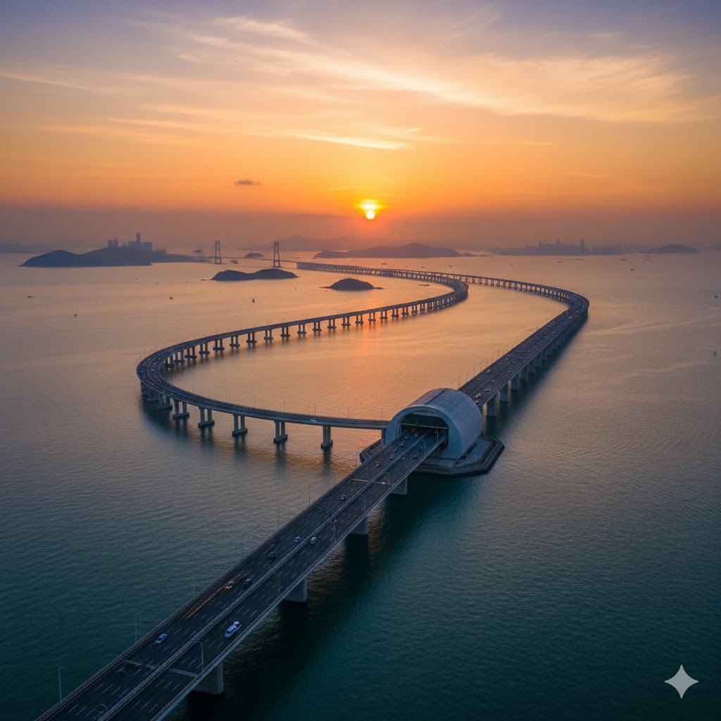Hong Kong–Zhuhai–Macau Bridge stretching across sea under sunrise, China. Hong Kong–Zhuhai–Macau Bridge stretching across sea under sunrise, China.