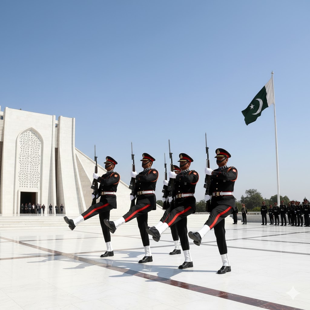 Honor guards performing ceremonial tribute at Mazar-e-Quaid, Karachi on Quaid-e-Azam Day. Honor guards performing ceremonial tribute at Mazar-e-Quaid, Karachi on Quaid-e-Azam Day.