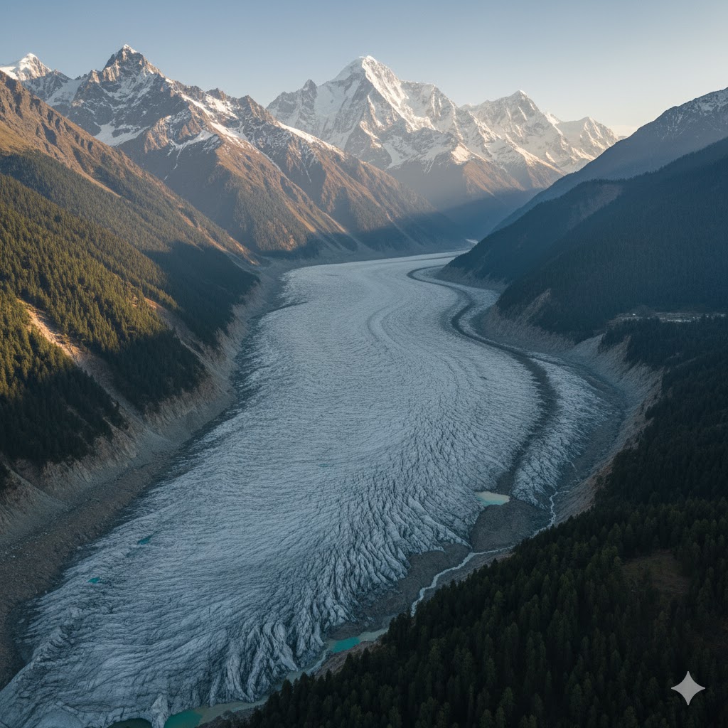 Hopper Glacier surrounded by pine forests and mountains.