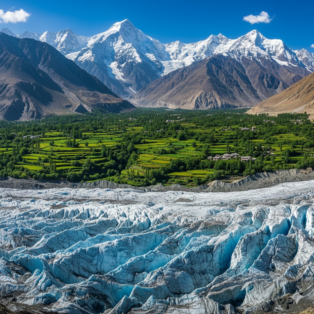 Hopper Glacier view with ice crevasses and Nagar Valley greenery during summer