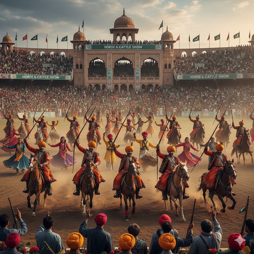 Horse riders and folk dancers performing at Lahore’s Horse & Cattle Show