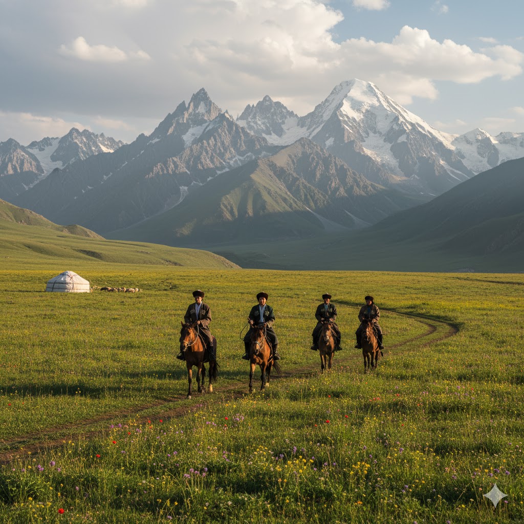 horseback riders crossing a mountain meadow in Kyrgyzstan with snow peaks in the distance: