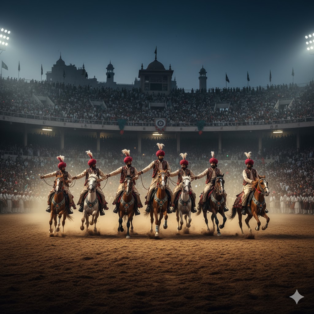 Horses performing in the National Horse and Cattle Show at Fortress Stadium, Lahore.