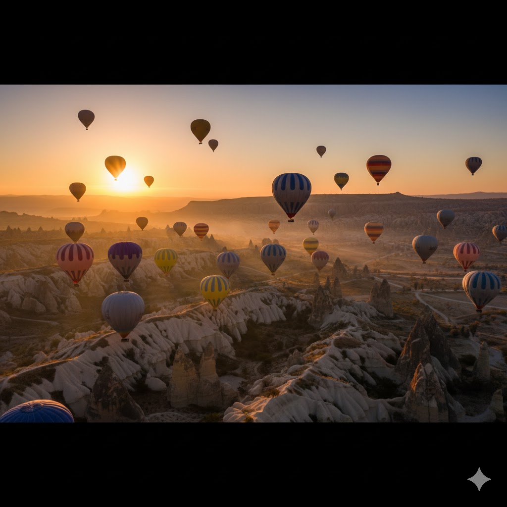 Hot-air balloons floating over Cappadocia’s rock valleys at sunrise, Türkiye
