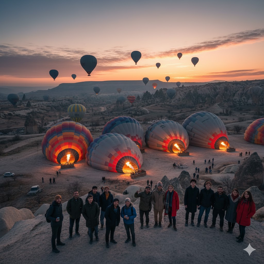 Hot air balloons over Cappadocia valleys, Turkey