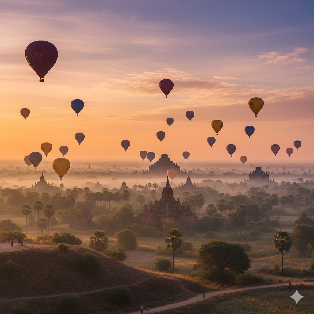 Hot air balloons over ancient temples of Bagan at sunrise, Myanmar
