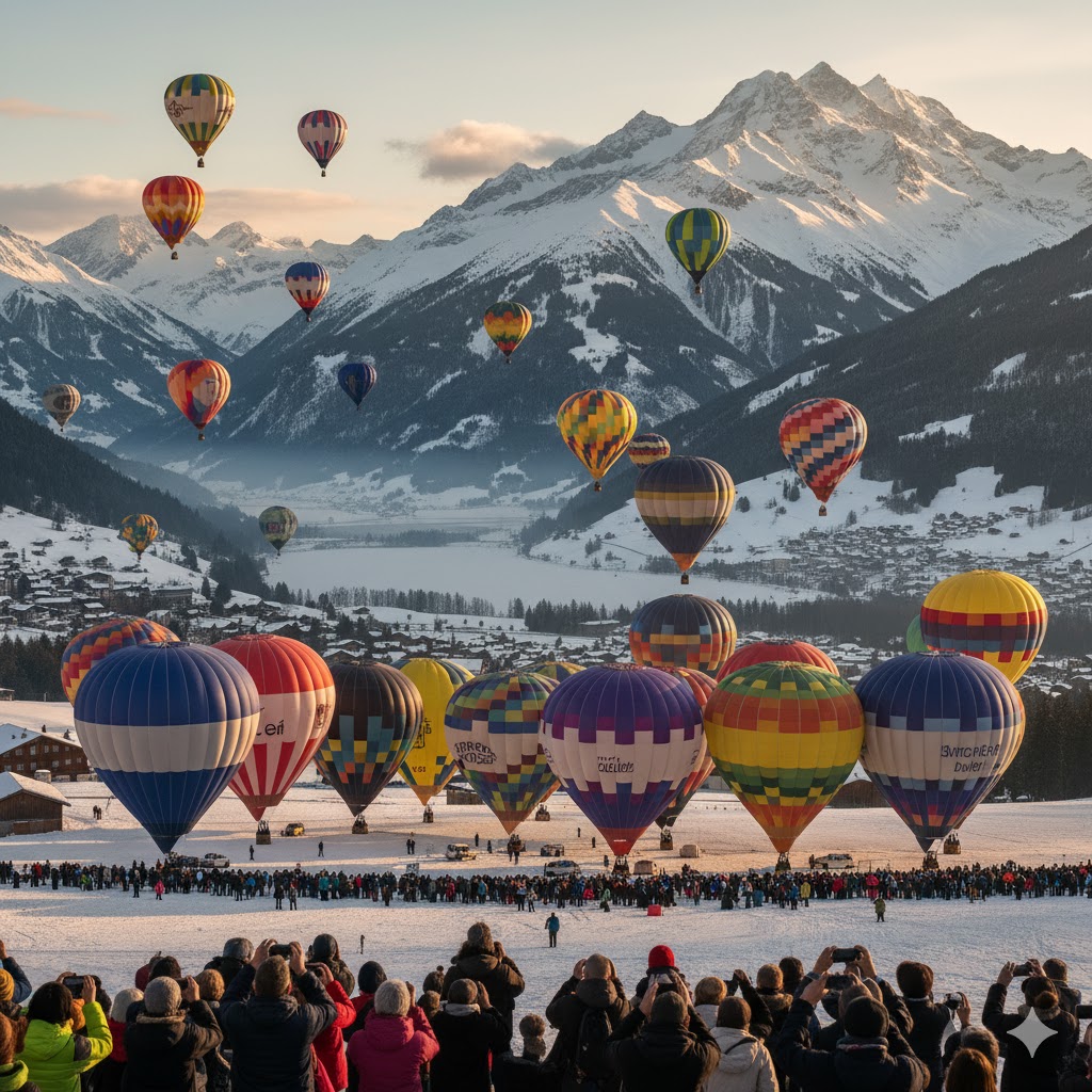Hot air balloons over snowy Swiss Alps at Château-d’Oex Balloon Festival 2026