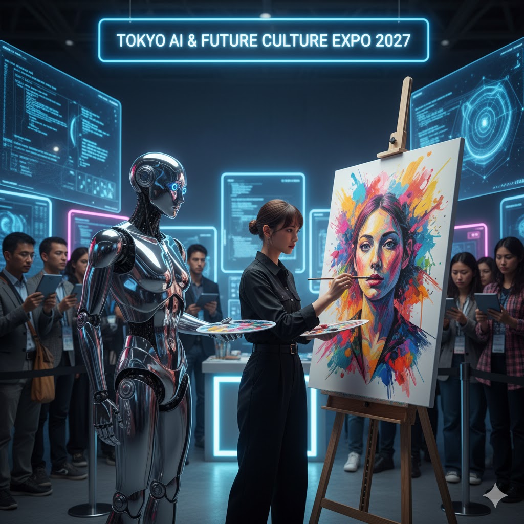 Humanoid robot artist painting alongside human at Tokyo AI & Future Culture Expo 2027
