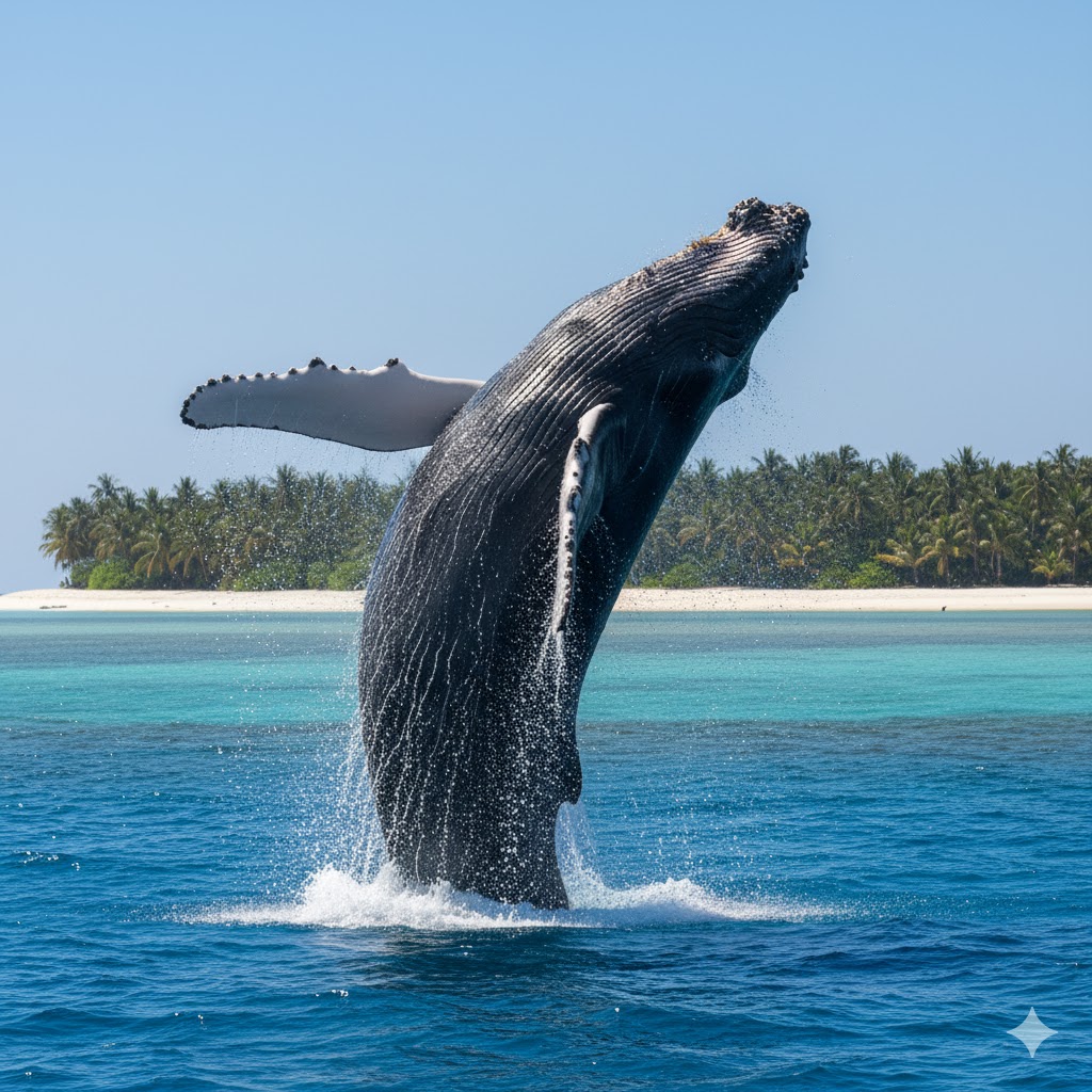 Humpback whale breaching in crystal blue ocean near tropical island, Tonga