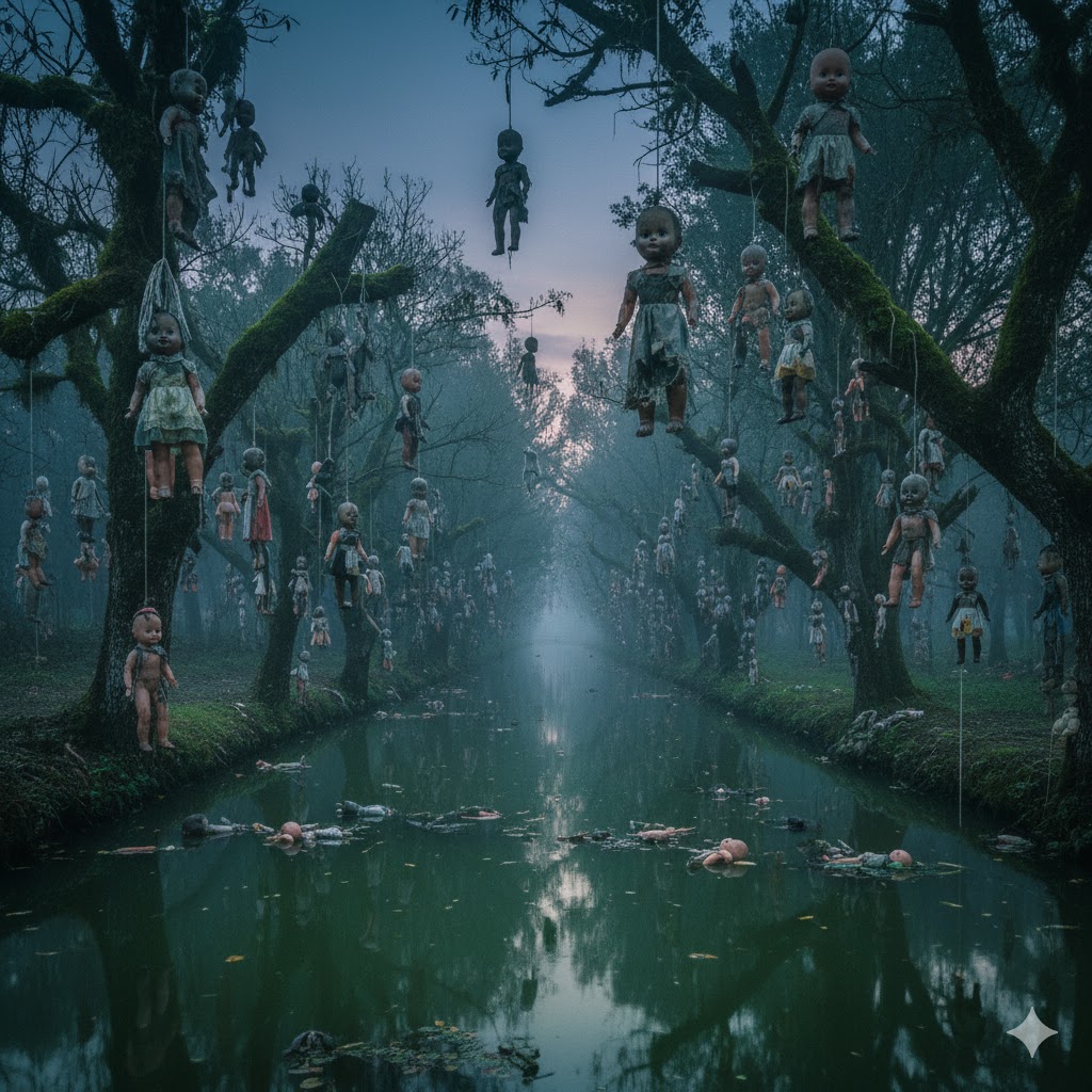 Hundreds of decaying dolls hanging from trees over still canal waters in Xochimilco, Mexico.