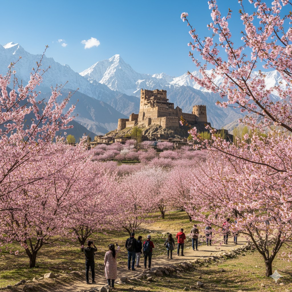 Hunza Valley covered in pink cherry blossoms with Baltit Fort in background, sunny day, tourists walking along trails