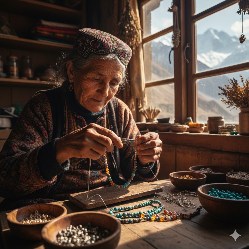 Hunza artisan threading semi-precious stones into a necklace
