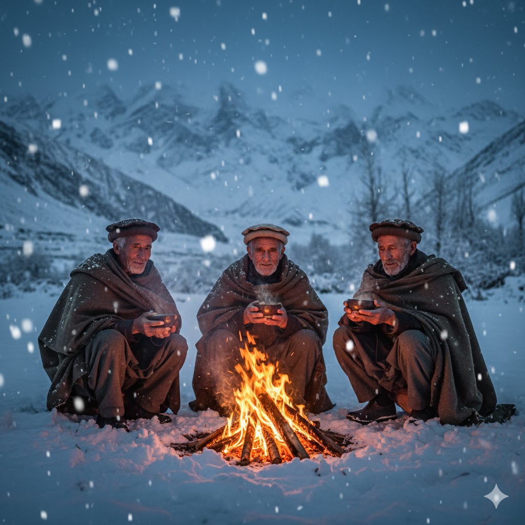 Hunza elders sitting around fire sipping butter tea in snow.