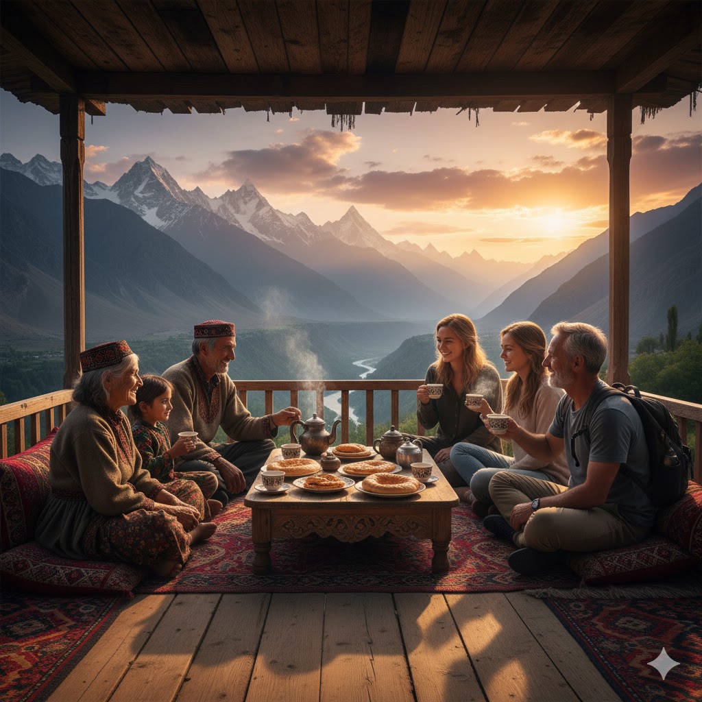 Hunza family and tourists sharing tea on a wooden veranda overlooking mountains.