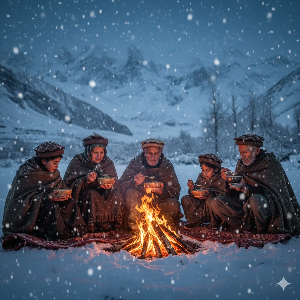 Hunza family sitting by wooden fire eating soup during heavy snowfall.